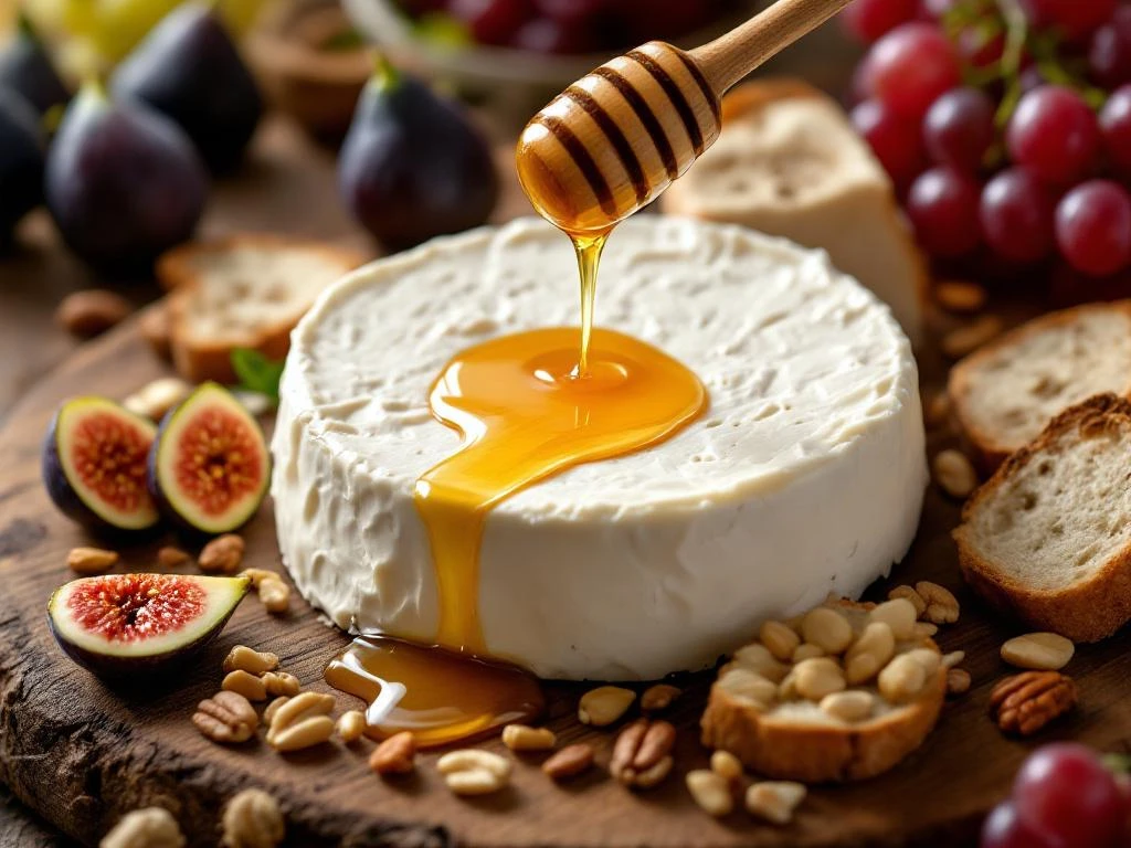 Artisanal goat cheese board with fresh figs, honey, crusty bread, nuts and grapes on rustic wooden background