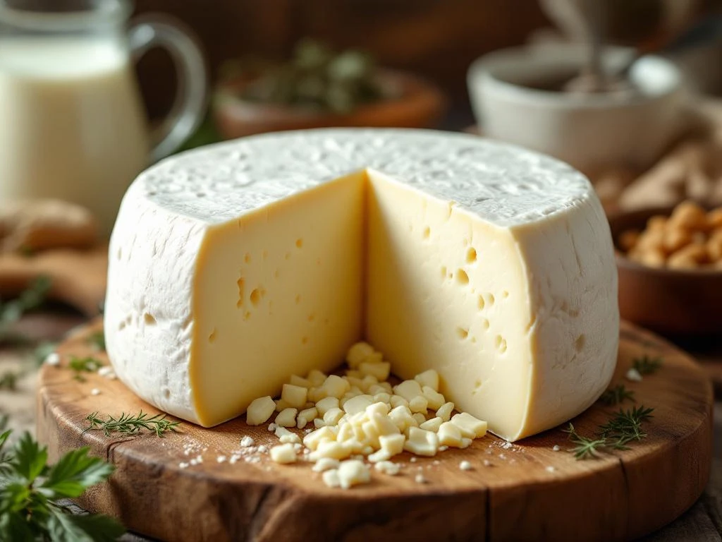 Artisanal goat cheese wheel with clean cut on wooden board, glass pitcher of milk and herbs in warm natural lighting