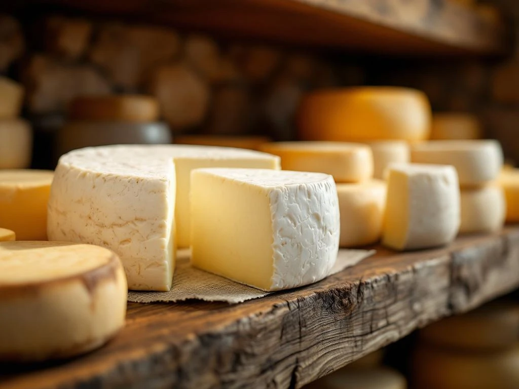 Artisanal goat cheese wheels at various aging stages on wooden shelves in traditional cheese cave with warm lighting.