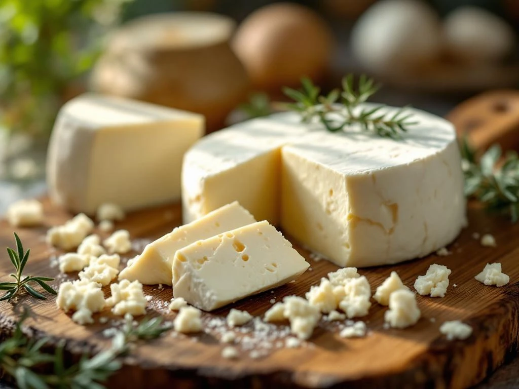 Artisanal white goat cheese wheels and wedges on rustic wooden cutting board with fresh herbs and natural lighting