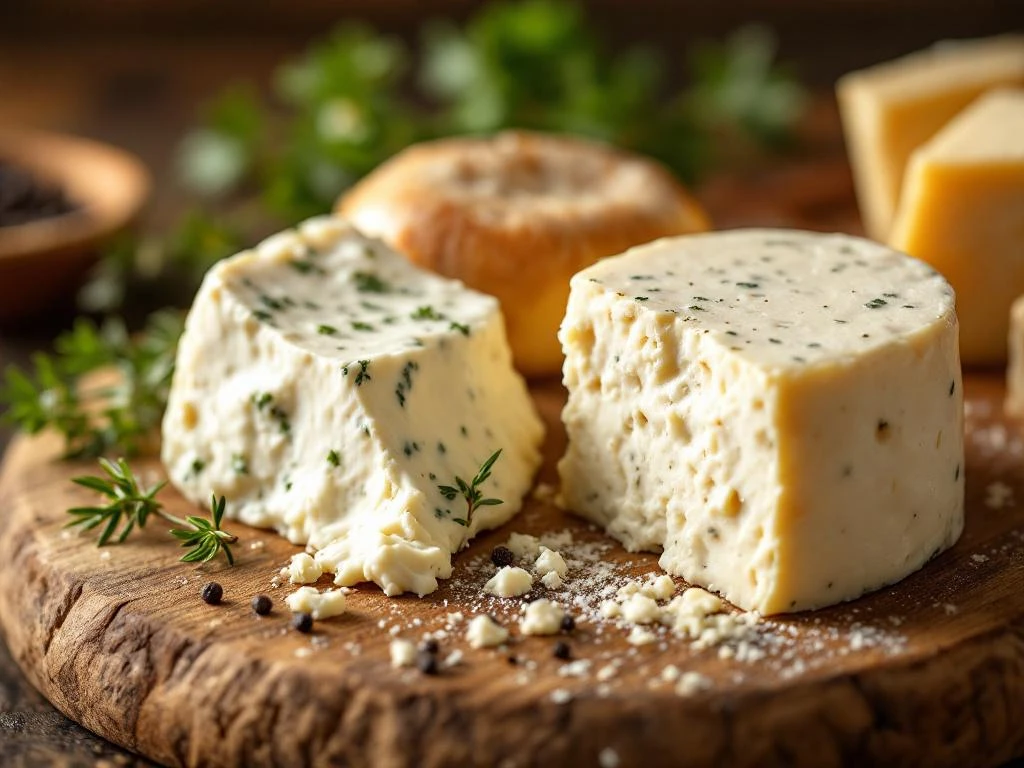 Boursin Cheese With Herbs And Goat Cheese On Wooden Board With Thyme Sprigs And Black Pepper