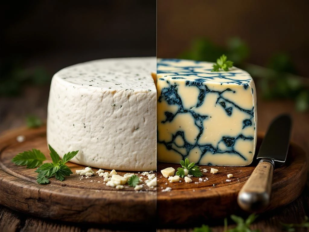Two cheese wheels on wooden cutting board: creamy white goat cheese with herbs and blue-veined gorgonzola with vintage knife