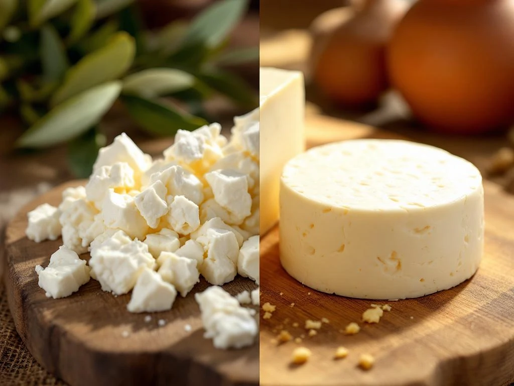 Crumbly white feta cheese and smooth goat cheese rounds on rustic wooden cutting board with Mediterranean olive branches