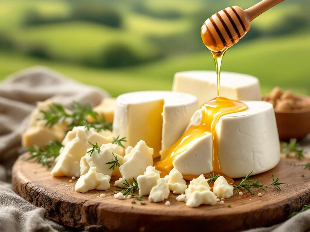 Artisanal goat cheese wheels and crumbles on wooden board with fresh herbs, honey drizzle, and Dutch countryside backdrop
