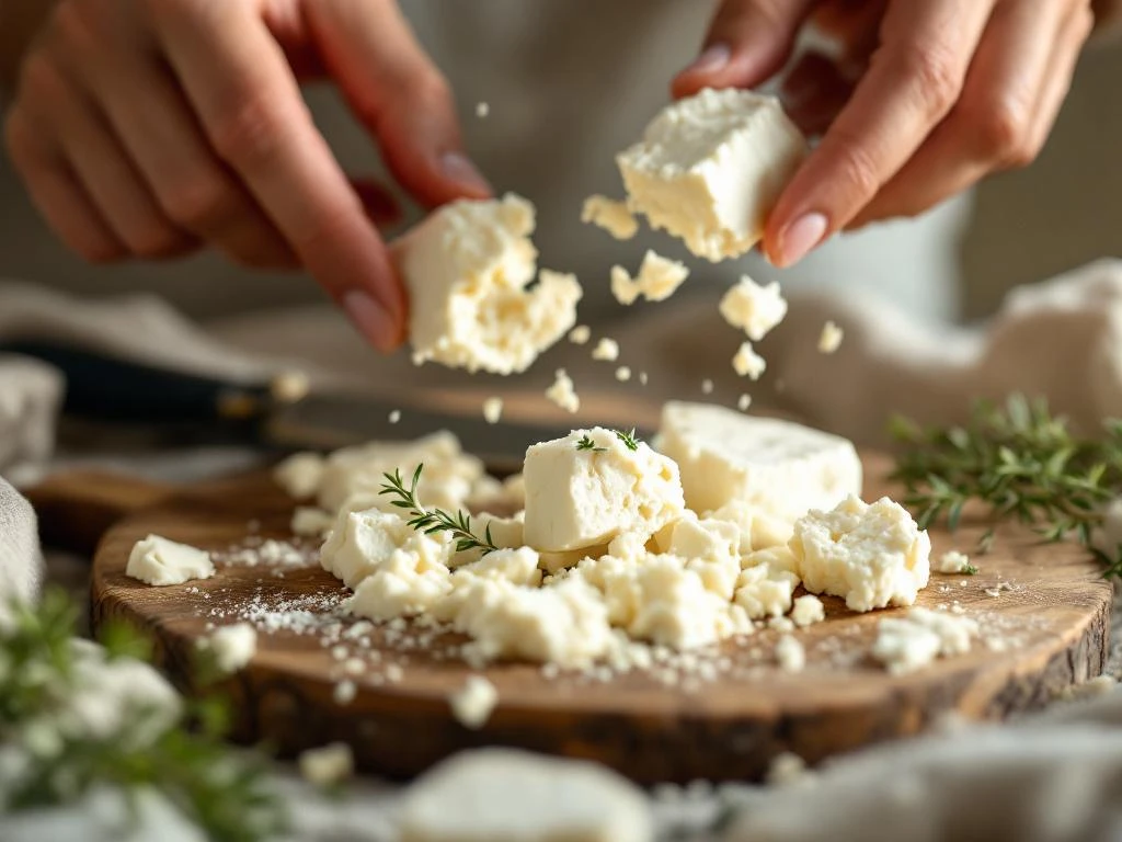 Hands crumbling fresh white goat cheese onto rustic wooden cutting board with thyme herbs and natural lighting