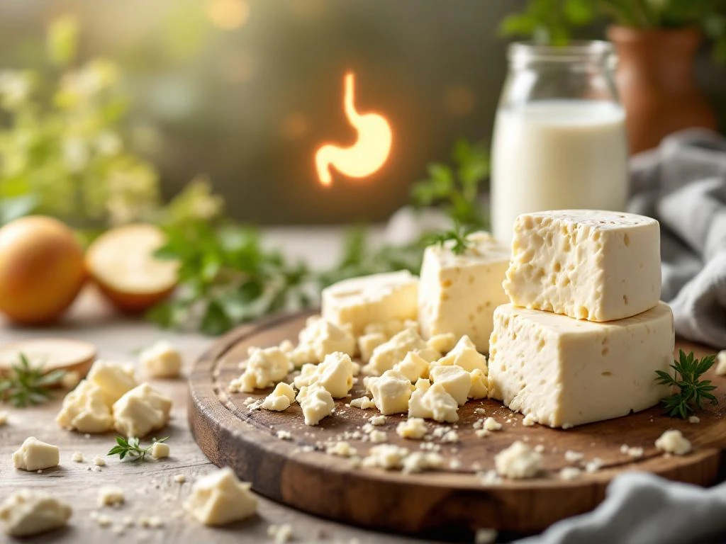 Creamy white goat cheese wheels and crumbles on wooden cutting board with herbs, milk glass, and digestive health imagery