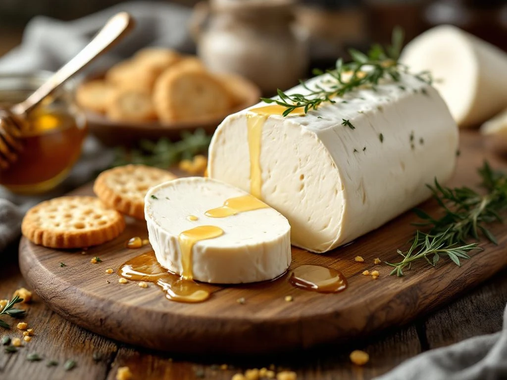 Sliced goat cheese log on wooden board with fresh herbs, crackers, and honey drizzle in warm natural lighting.