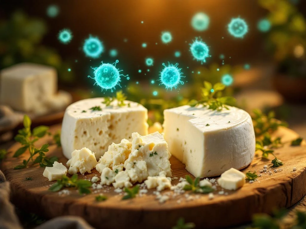 Fresh white goat cheese wheels and crumbles on rustic wooden board with green herbs and glowing probiotic bacteria illustrations