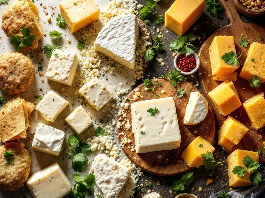 Creamy White Goat Cheese Wheels And Golden Queso Blocks Arranged On Wooden Cutting Boards With Fresh Herbs And Dramatic Lighting.