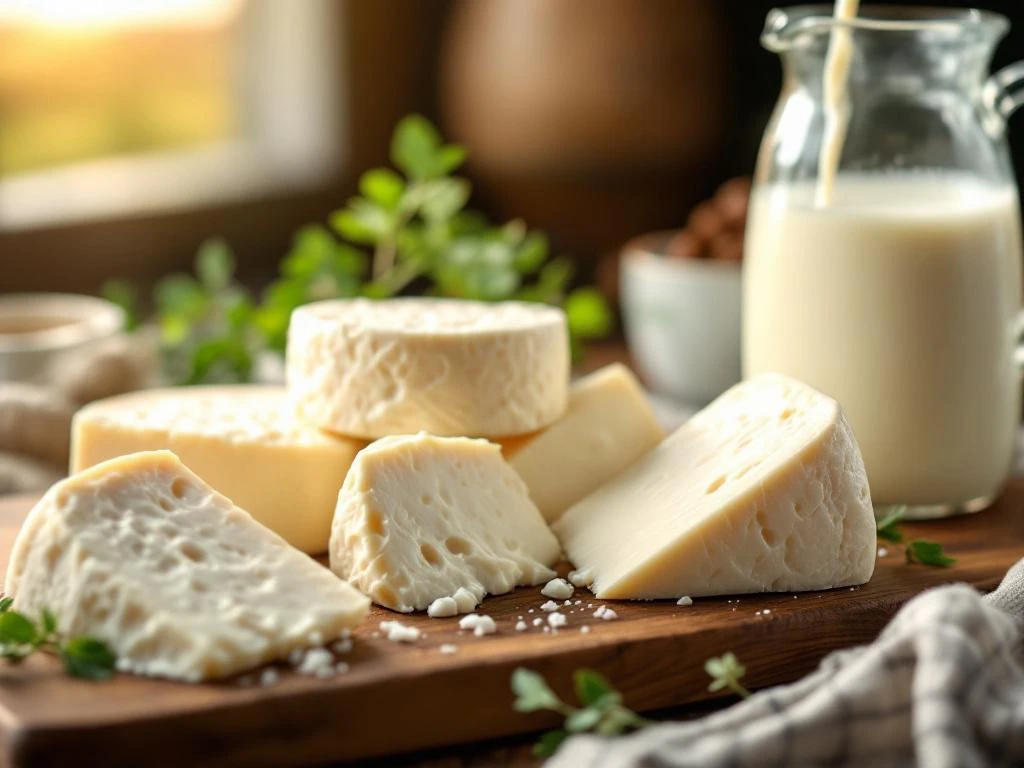 goat-cheese-artisanal-farm-fresh-rustic-board.jpg Artisanal goat cheese wheels and wedges on wooden board with fresh milk being poured from glass pitcher in background