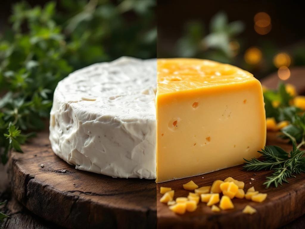 Two artisanal cheese wheels side by side: white goat cheese on left, golden aged cow's milk cheese on right with herbs and wooden boards