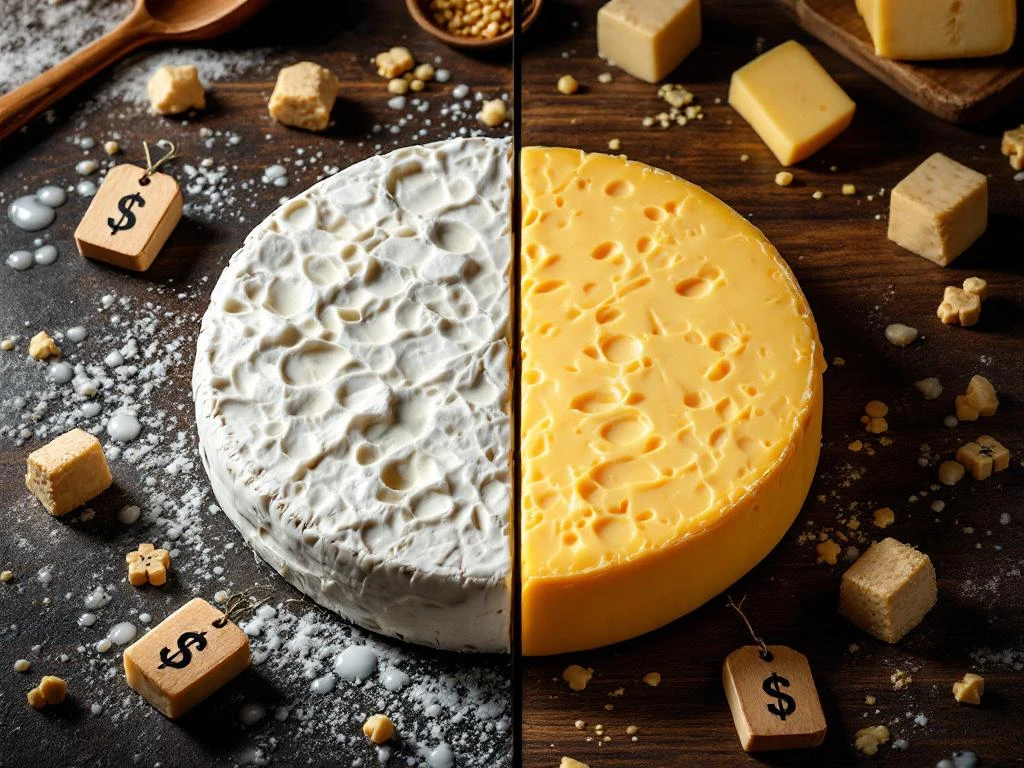 Two Artisanal Cheese Wheels - White Goat Cheese And Golden Cow Cheese - With Wooden Price Tags On Rustic Cutting Board