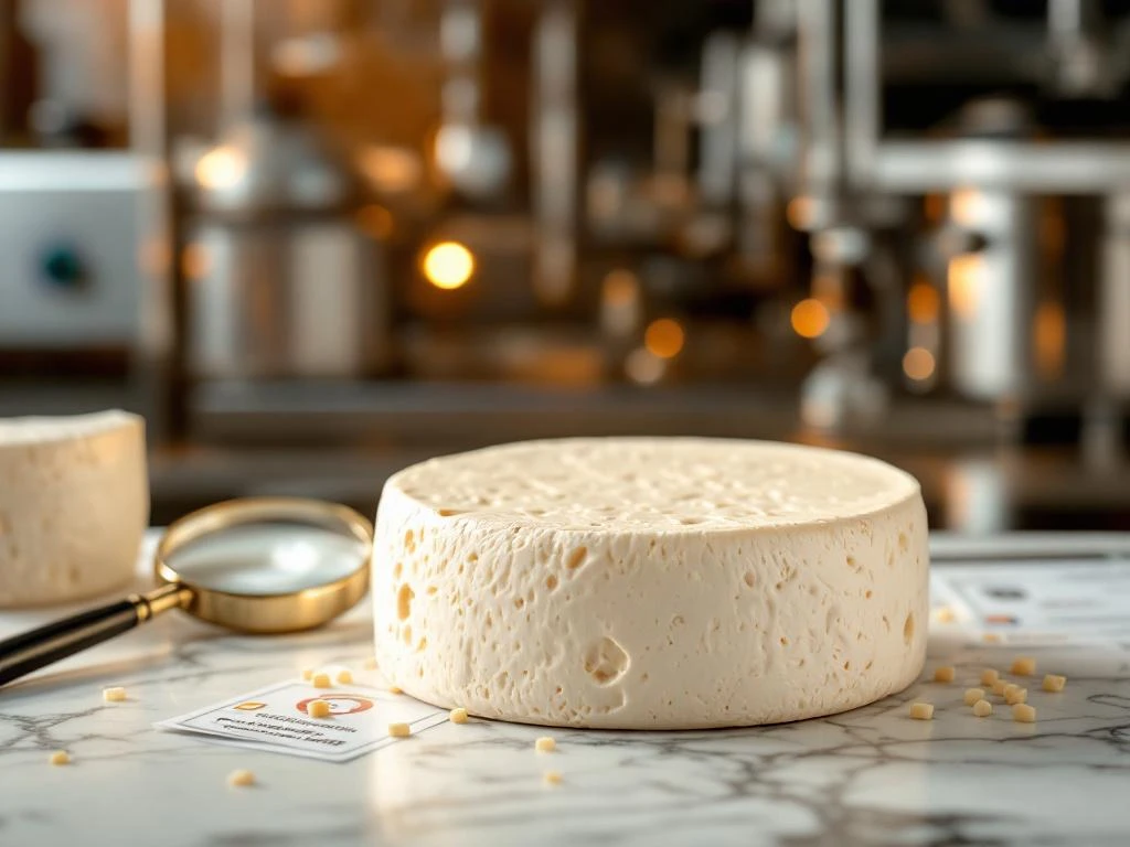 Artisanal goat cheese wheel on marble surface with quality control laboratory equipment and certification documents in background