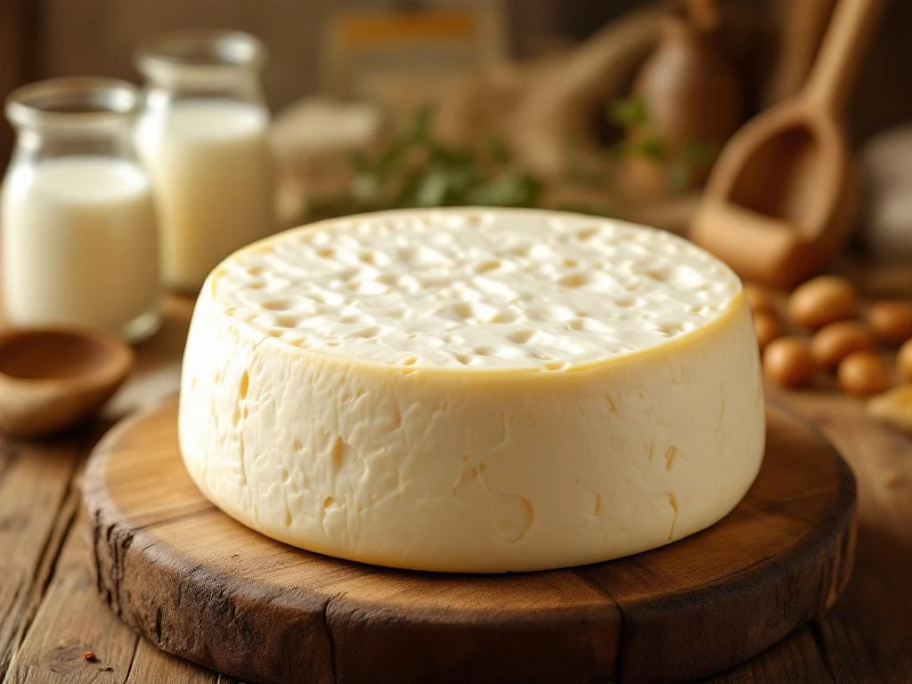 Artisanal goat cheese wheel on wooden cutting board with fresh milk, certification documents, and traditional cheese-making tools