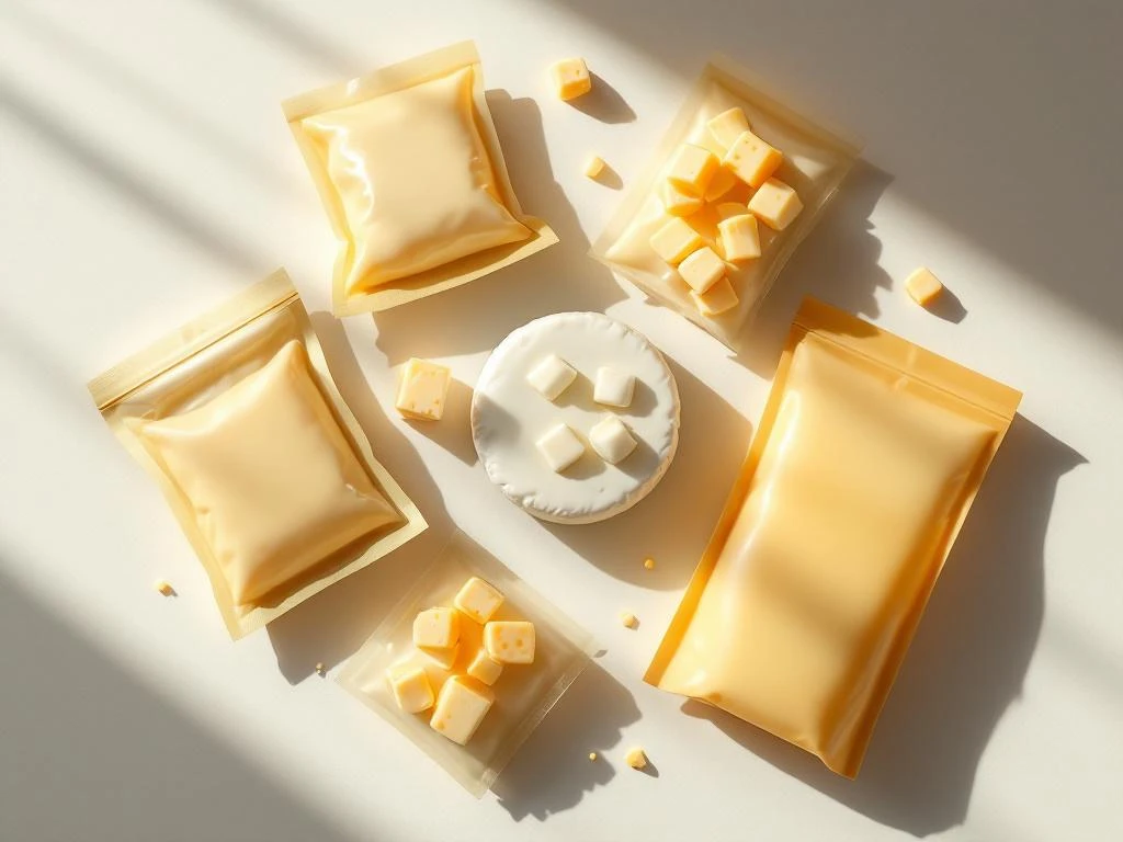 flexible-cheese-packaging-formats-b2b-solutions.jpg Various flexible cheese packaging formats including vacuum-sealed pouches, resealable bags, and modified atmosphere packs on white surface