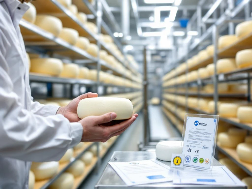 Quality control inspector examining artisanal goat cheese wheel in modern production facility with aging shelves