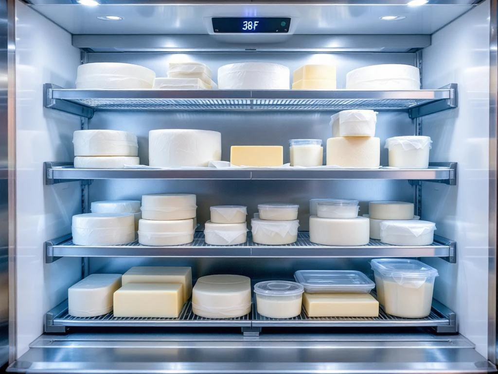commercial-kitchen-goat-cheese-storage-refrigerator.jpg Commercial kitchen refrigerator interior with organized goat cheese wheels and logs on steel shelving at 38°F