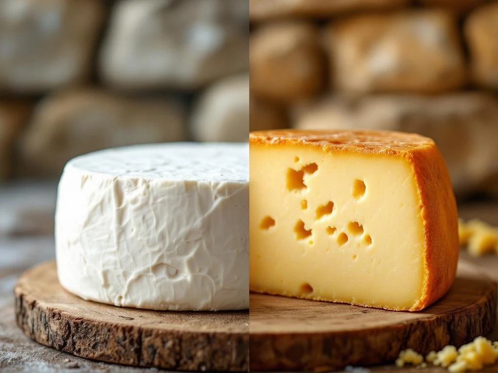 goat-cheese-aging-process-fresh-vs-aged-comparison.jpg Fresh white goat cheese wheel and aged golden-brown goat cheese with crystalline texture on wooden boards in cave setting