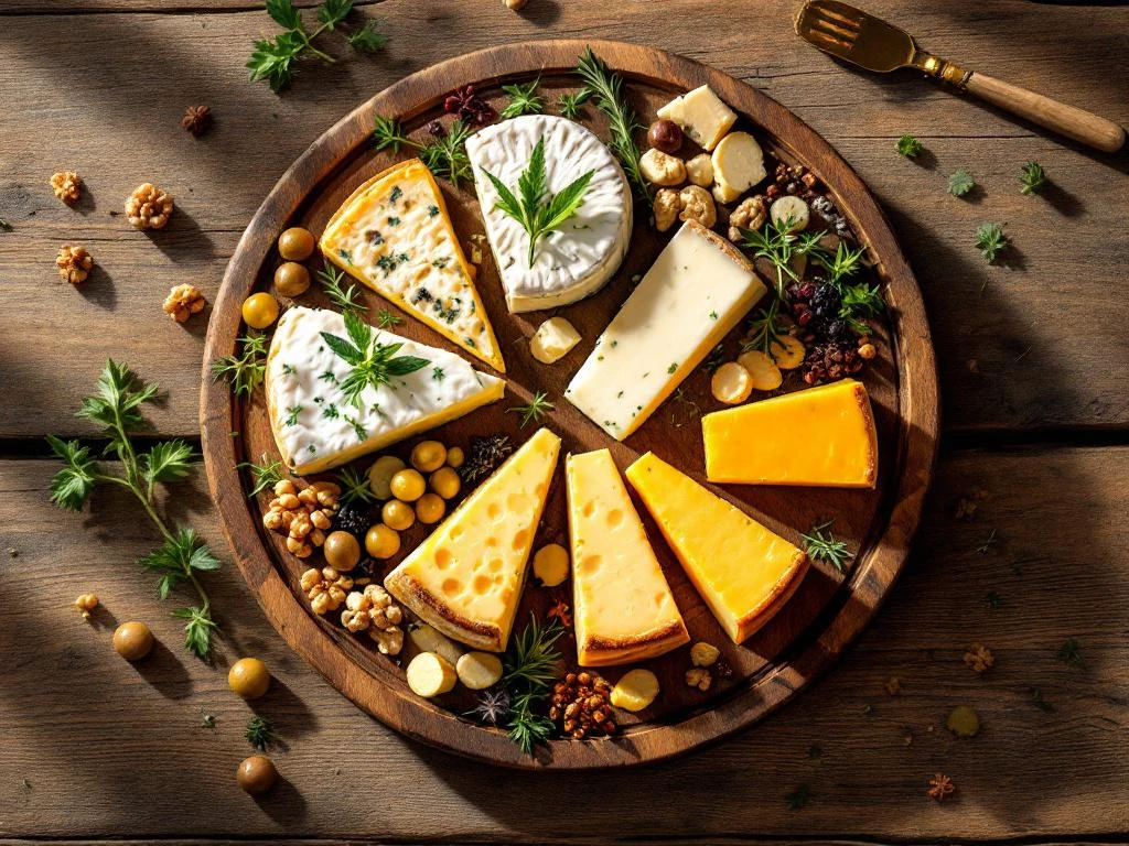 Wooden cheese board with goat cheese varieties arranged in circle, garnished with olives, herbs, walnuts, and spices
