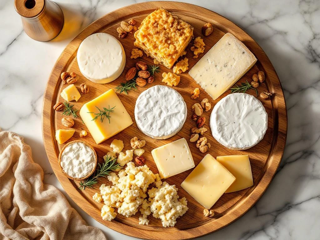 Wooden cheese board with artisanal goat cheese varieties in different textures and aging stages on marble surface