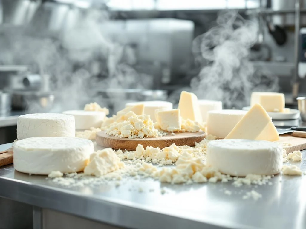 Fresh white goat cheese wheels and crumbles on stainless steel prep surfaces in commercial kitchen with steam rising