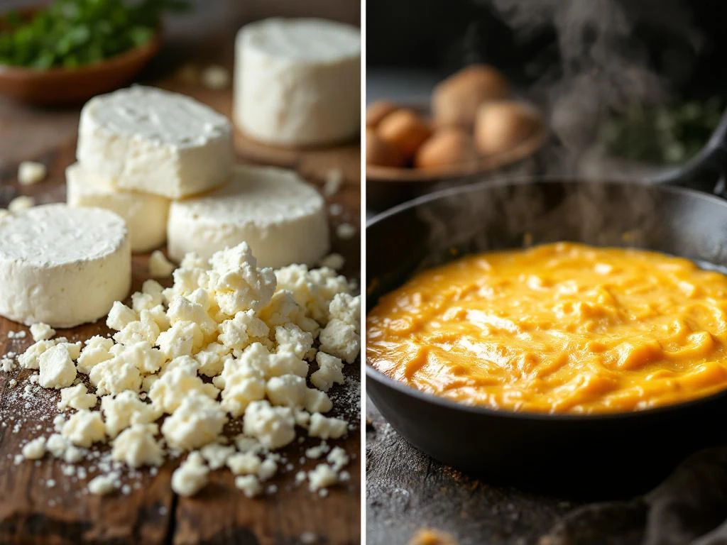 Fresh goat cheese rounds and crumbles transforming into golden melted cheese in cast iron skillet with steam rising