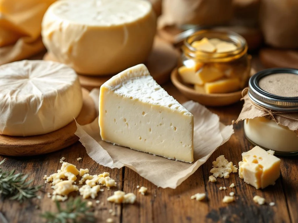Various goat cheese packaging methods including vacuum-sealed wedges, wax-coated wheels, and glass jars on rustic wood surface.
