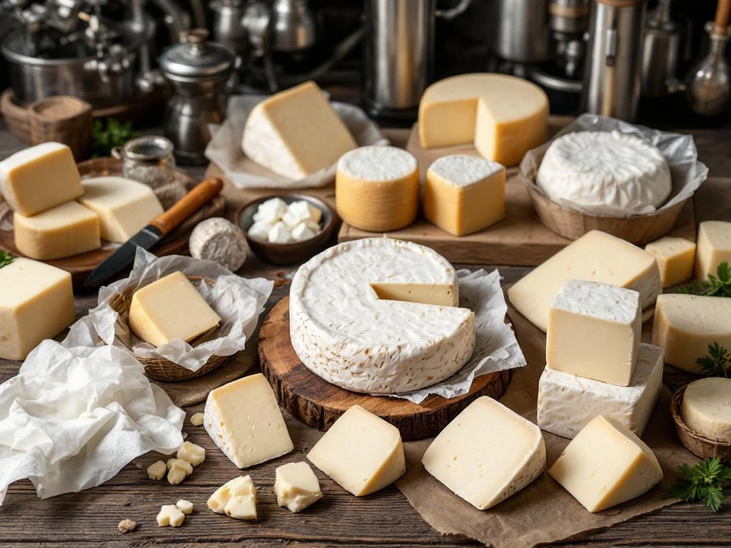goat-cheese-packaging-solutions-premium-artisanal.jpg Premium goat cheese wheels and blocks with modern packaging solutions on rustic wooden surface in Dutch countryside setting.