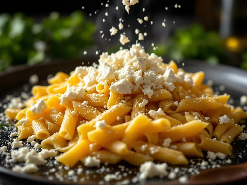 Fresh goat cheese crumbling over golden penne pasta with olive oil in professional kitchen setting with warm lighting