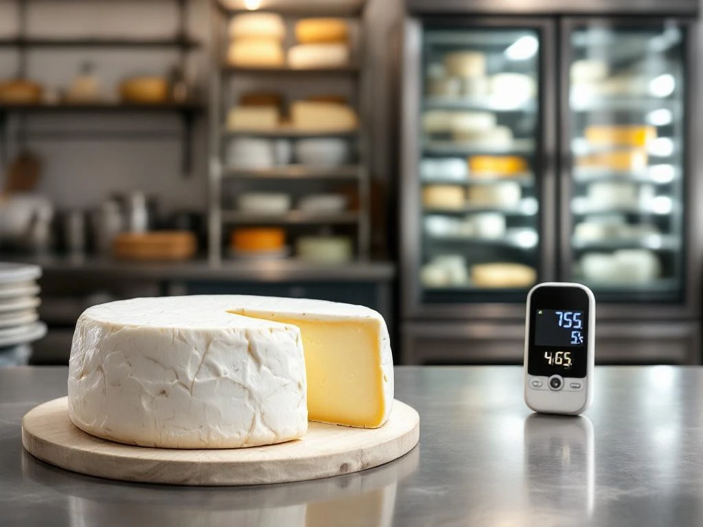 Artisanal goat cheese wheel and chèvre log on stainless steel kitchen counter with digital thermometer and refrigeration unit
