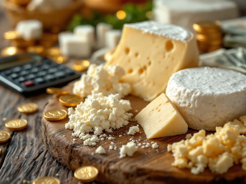 Artisanal goat cheese wheels and crumbles on wooden cutting board with money and profit chart in background