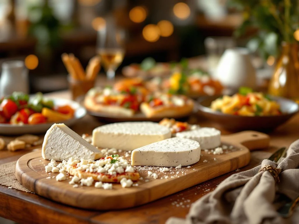 Wooden cheese board with goat cheese wheels and crumbles on restaurant table with pizza, salad, and pasta dishes