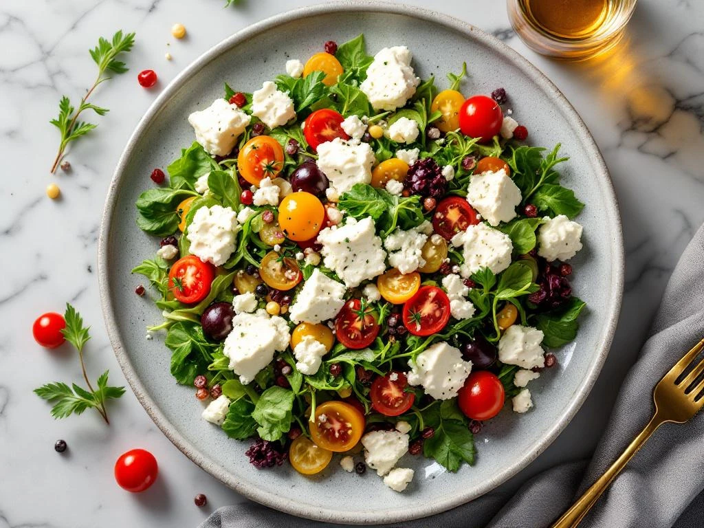 Gourmet restaurant salad with fresh goat cheese crumbles, mixed greens, cherry tomatoes on marble surface