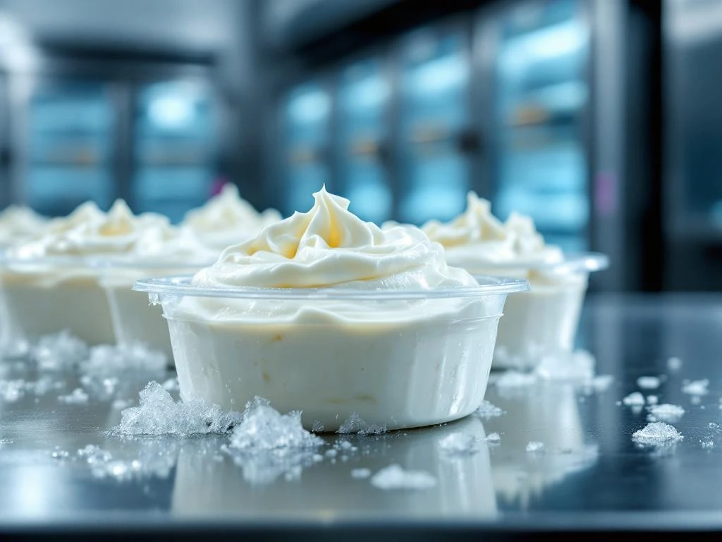 goat-cheese-spread-freezer-containers-storage.jpg Creamy white goat cheese spread being portioned into freezer containers on commercial kitchen counter with ice crystals forming