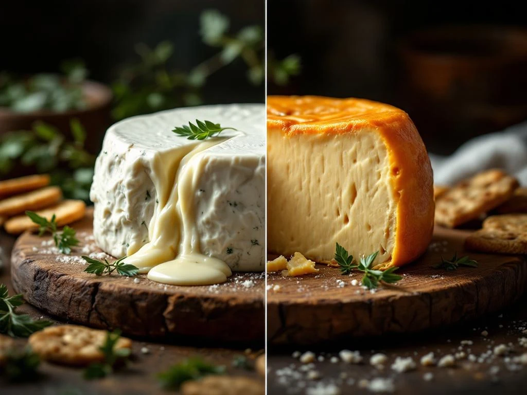 Two goat cheese varieties on wooden board: creamy white soft cheese and aged golden-brown hard cheese with herbs and crackers