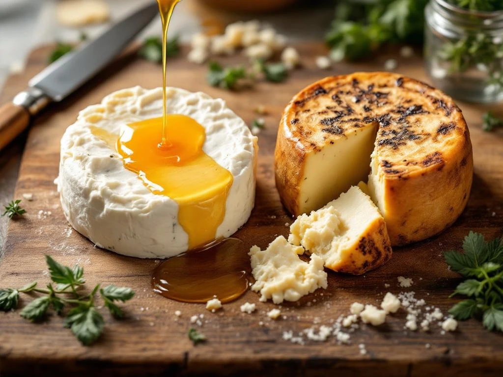 Fresh and aged goat cheese varieties on wooden cutting board with honey drizzle, herbs, and vintage knife