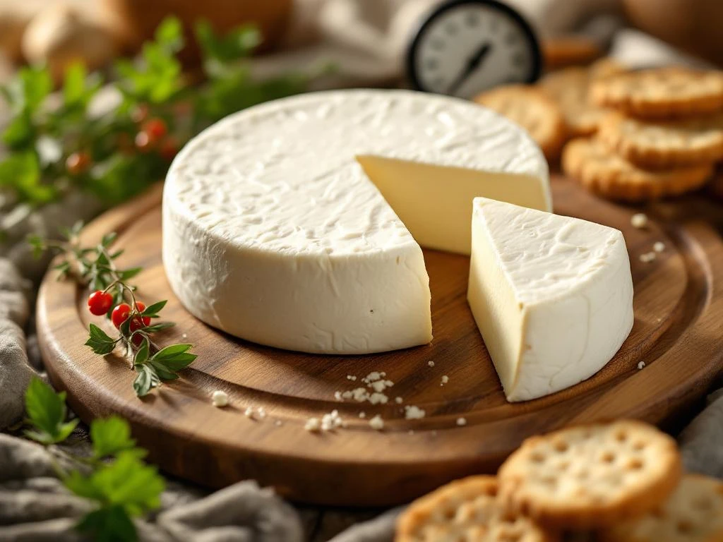 Fresh Goat Cheese Wheel With Cut Wedge On Wooden Board, Surrounded By Herbs And Crackers In Warm Natural Lighting.
