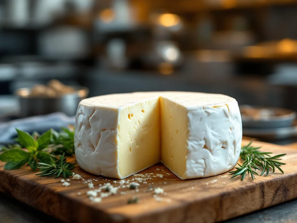 Fresh artisanal goat cheese wheel cut on wooden board with herbs in professional kitchen setting