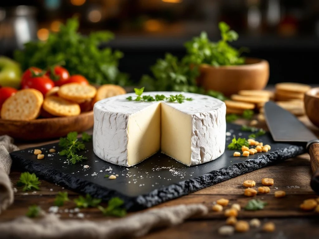 White goat cheese wheel on dark slate board with fresh herbs, vegetables, and crackers in professional kitchen setting.