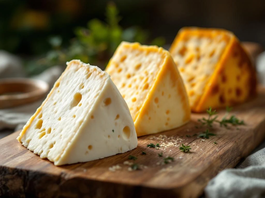 Three artisanal goat cheese wheels on wooden board showing aging stages from fresh white to golden to dark aged rinds