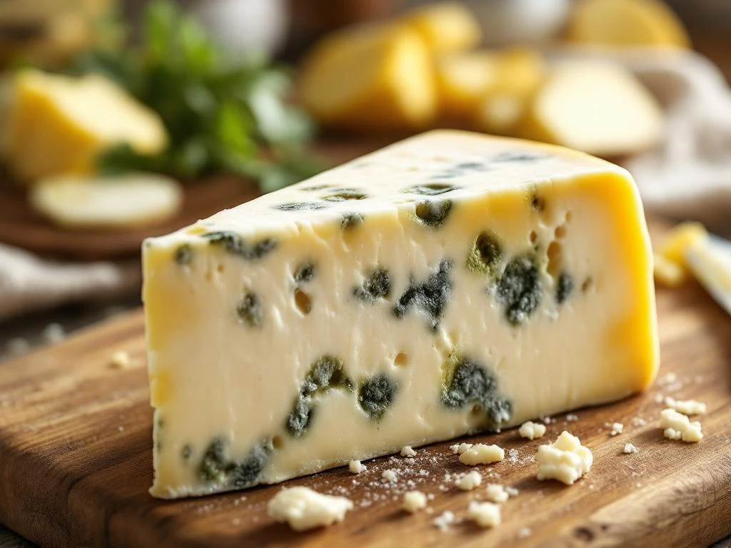 Spoiled Goat Cheese Wedge With Blue-green Mold Patches And Discoloration On Rustic Wooden Cutting Board In Kitchen Setting