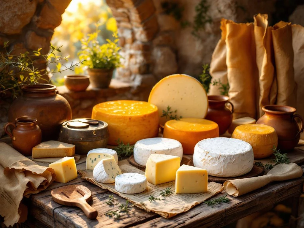 Artisanal Goat Cheeses In Various Aging Stages Displayed On Rustic Wooden Table With Traditional Cheese-making Tools And Herbs