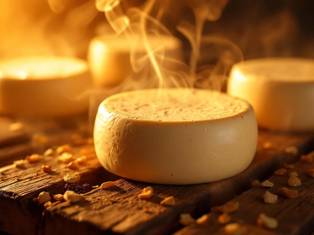Artisanal Goat Cheese Wheels Smoking In Traditional Wooden Smoker With Golden Smoke And Warm Amber Lighting