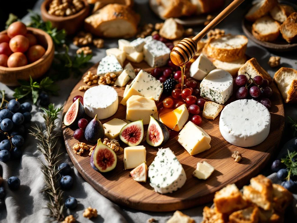 Elegant wooden cheese board with artisanal goat cheeses, fresh figs, grapes, honey, bread, and walnuts on buffet spread