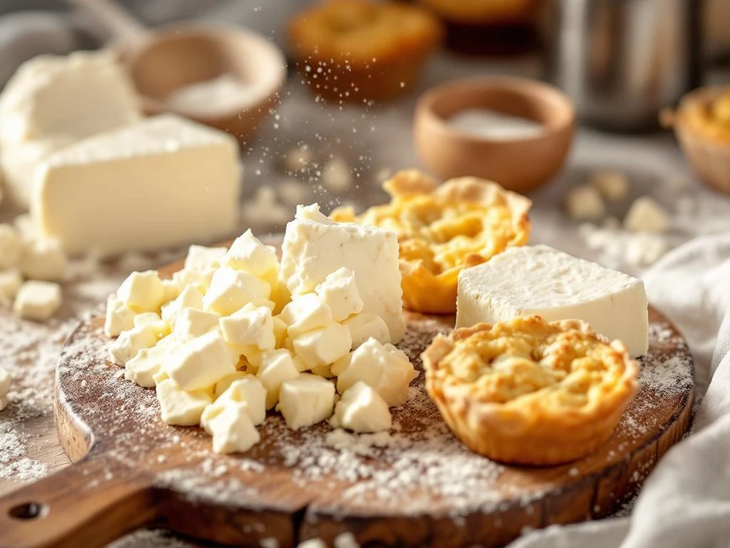 Fresh Goat Cheese Crumbles And Wedge On Wooden Cutting Board With Golden Baked Goods, Flour Dust, And Baking Tools