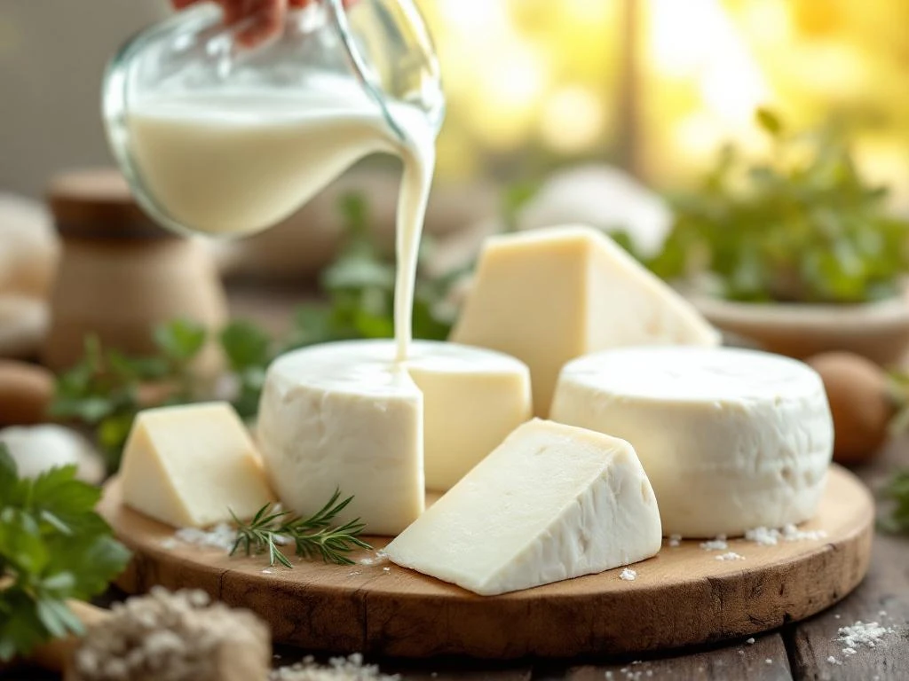 artisanal-goat-cheese-wheels-rustic-board.jpg Artisanal goat cheese wheels and wedges on wooden cutting board with fresh milk being poured from glass pitcher