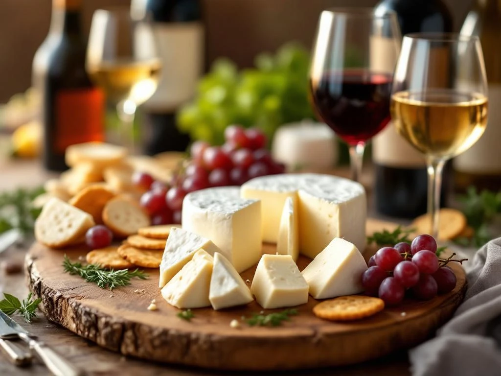 wine-tasting-goat-cheese-board-setup.jpg Artisanal goat cheese wheels and wedges on rustic wooden board with wine glasses, grapes, and crackers in elegant tasting setup