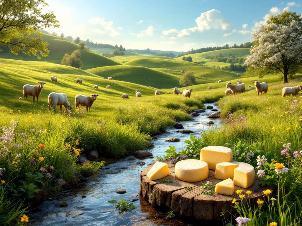 Artisanal goat cheese wheels on wooden boards with grazing goats in sustainable farm landscape under blue sky.
