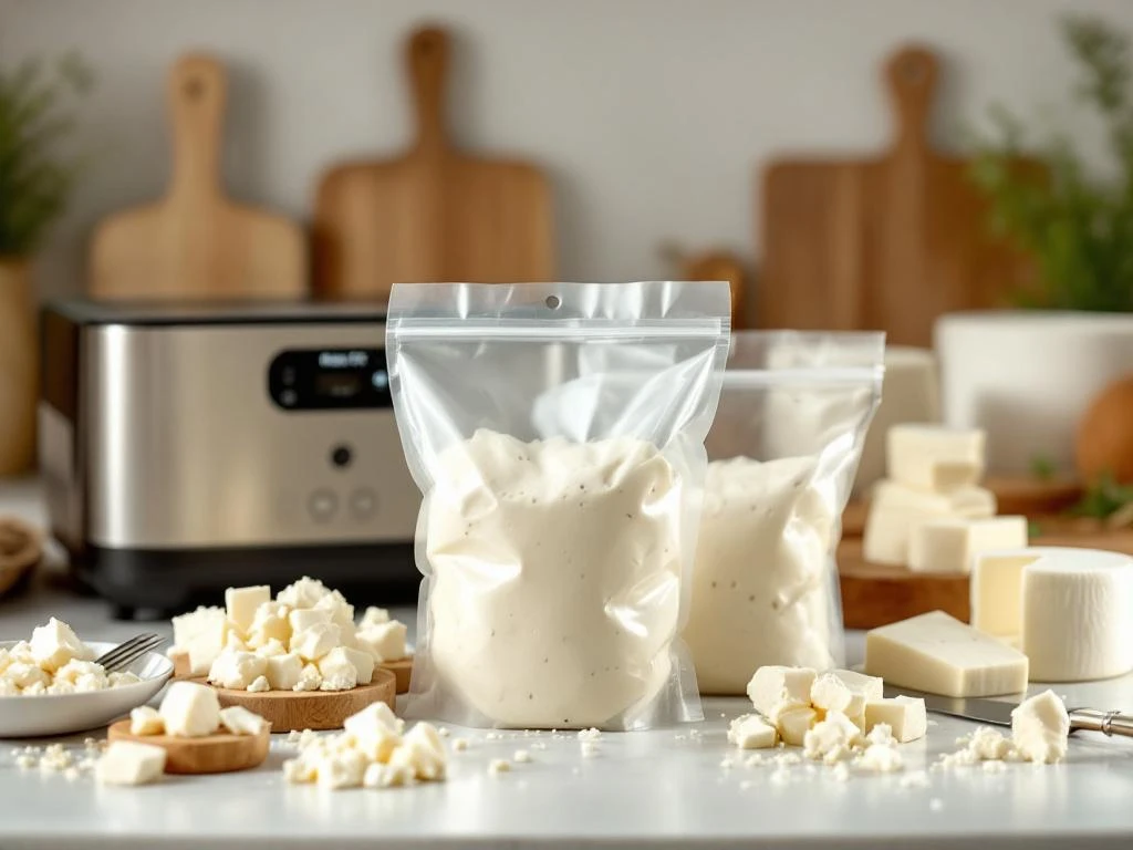 vacuum-sealed-goat-cheese-kitchen-preservation.jpg Vacuum-sealed goat cheese packages on kitchen counter with fresh cheese wheels and modern sealing machine in background