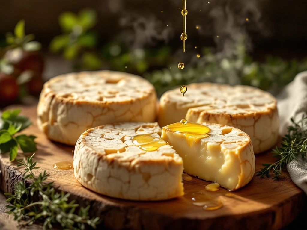 Aged goat cheese wheels with cracked surfaces on wooden board, olive oil being drizzled over with fresh herbs nearby